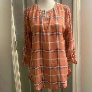 Cato Est 1946 V neck roll up sleeves in plaid in dusty rose black & white SMALL